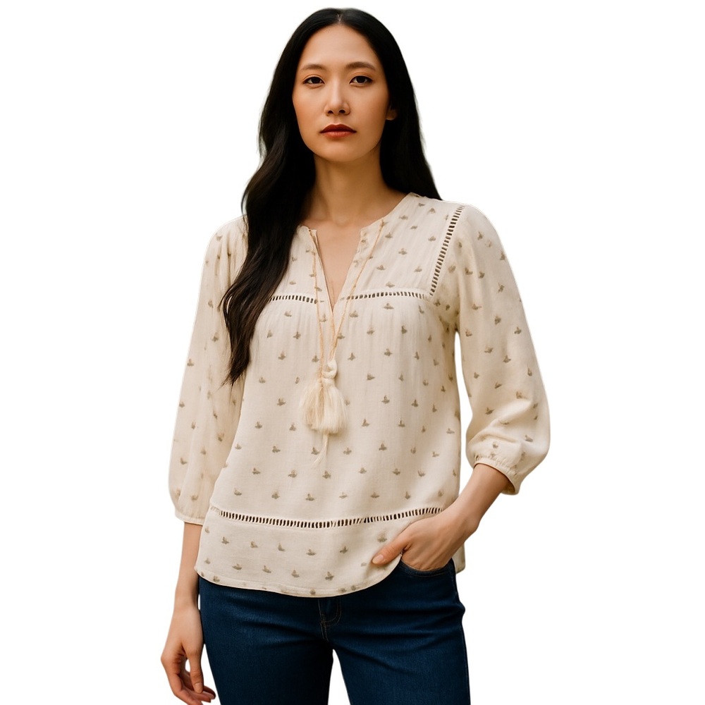 dRA Los Angeles Womens Peasant Top Size XS Boho Cream Tassels 3/4 Sleeves